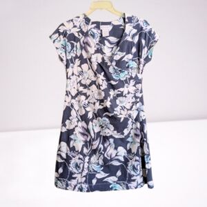Soft Surroundings Tropical Hibiscus Faux Wrap Dress Blue White Cap Sleeves